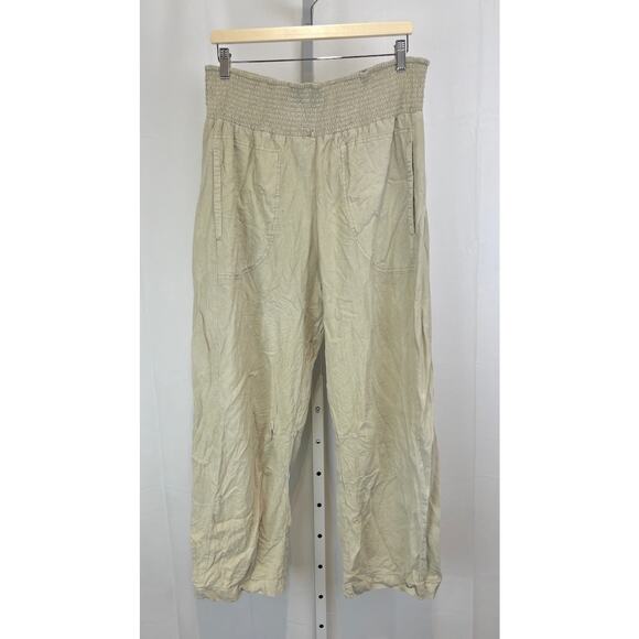PILCRO Anthropologie Reese Linen Blend Pull On Barrel Pants Smocked Tan Tall LT - Picture 1 of 10